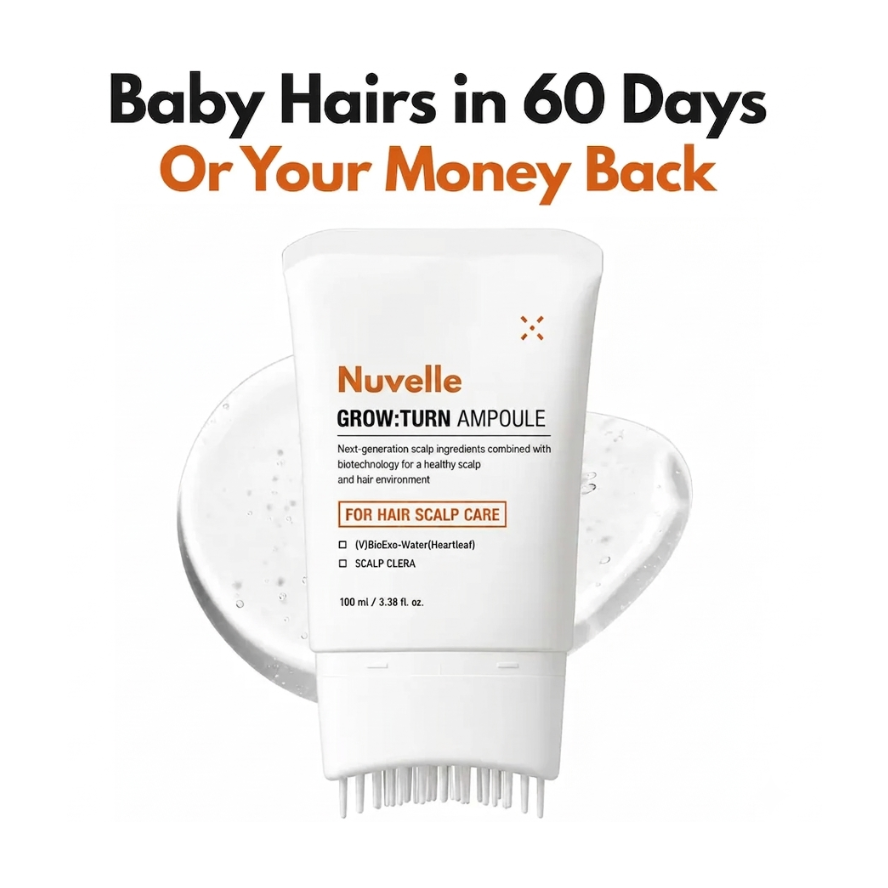 Nuvelle Grow:Turn Scalp Ampoule for hair scalp care, shown as a white squeeze tube with a bristle tip, set against a white background with a circular gel smear. Promotional text at the top reads 'Baby Hairs in 60 Days Or Your Money Back'.
