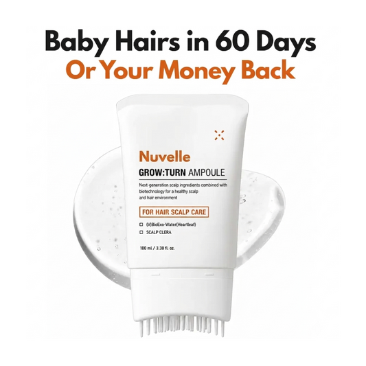 Nuvelle Grow:Turn Scalp Ampoule for hair scalp care, shown as a white squeeze tube with a bristle tip, set against a white background with a circular gel smear. Promotional text at the top reads 'Baby Hairs in 60 Days Or Your Money Back'.
